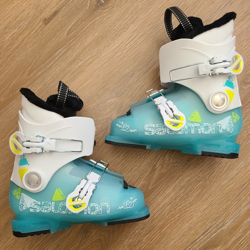 SALOMON Ski Boots T2 R2 Girlie Boots Size 20 20.5 Youth Kids Teal Blue